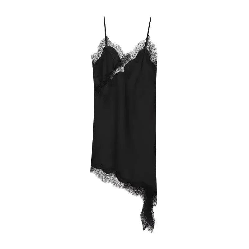 Black lace-trimmed satin slip dress for women's fashion