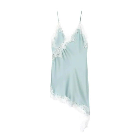 Light blue lace-trimmed satin slip dress for women's fashion and sleepwear