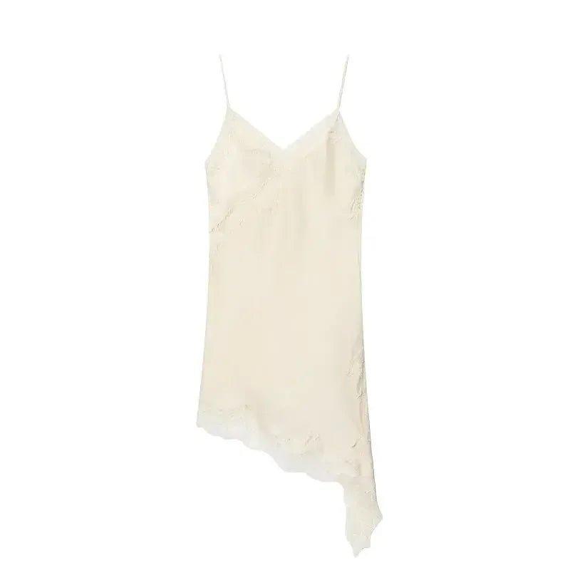 Cream lace-trimmed asymmetrical slip dress for women's fashion