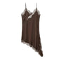 Brown lace-trimmed satin slip dress, women's fashion lingerie