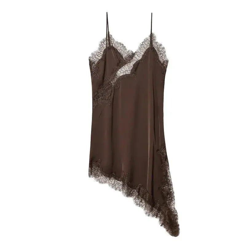 Brown lace-trimmed satin slip dress, women's fashion lingerie