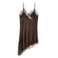 Brown lace-trimmed satin slip dress, women's fashion lingerie with delicate straps and asymmetrical hem