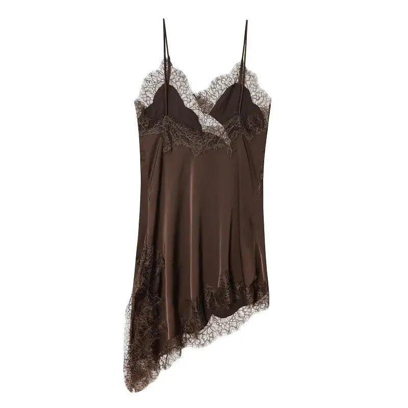 Brown lace-trimmed satin slip dress, women's fashion lingerie with delicate straps and asymmetrical hem