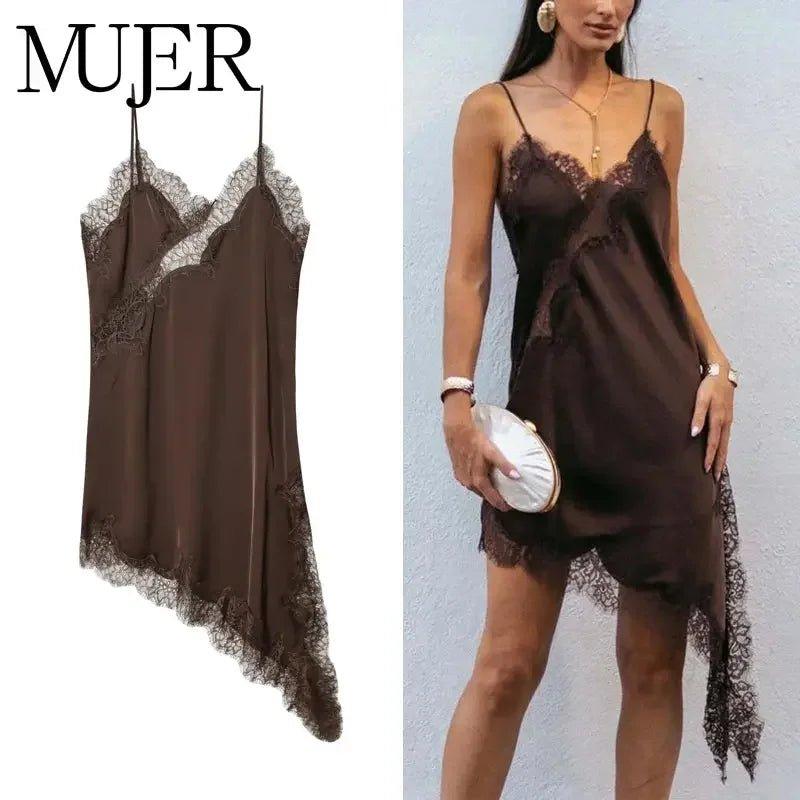 Brown lace-trimmed satin slip dress for women, elegant nightwear or loungewear with delicate straps and asymmetrical hem