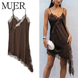Brown lace-trimmed satin slip dress for women, elegant nightwear or loungewear with delicate straps and asymmetrical hem