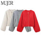 Women's cozy zip-up bomber jackets in red, gray, and cream with puff sleeves, perfect for casual fashion.