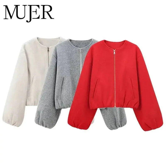 Women's cozy zip-up bomber jackets in red, gray, and cream with puff sleeves, perfect for casual fashion.