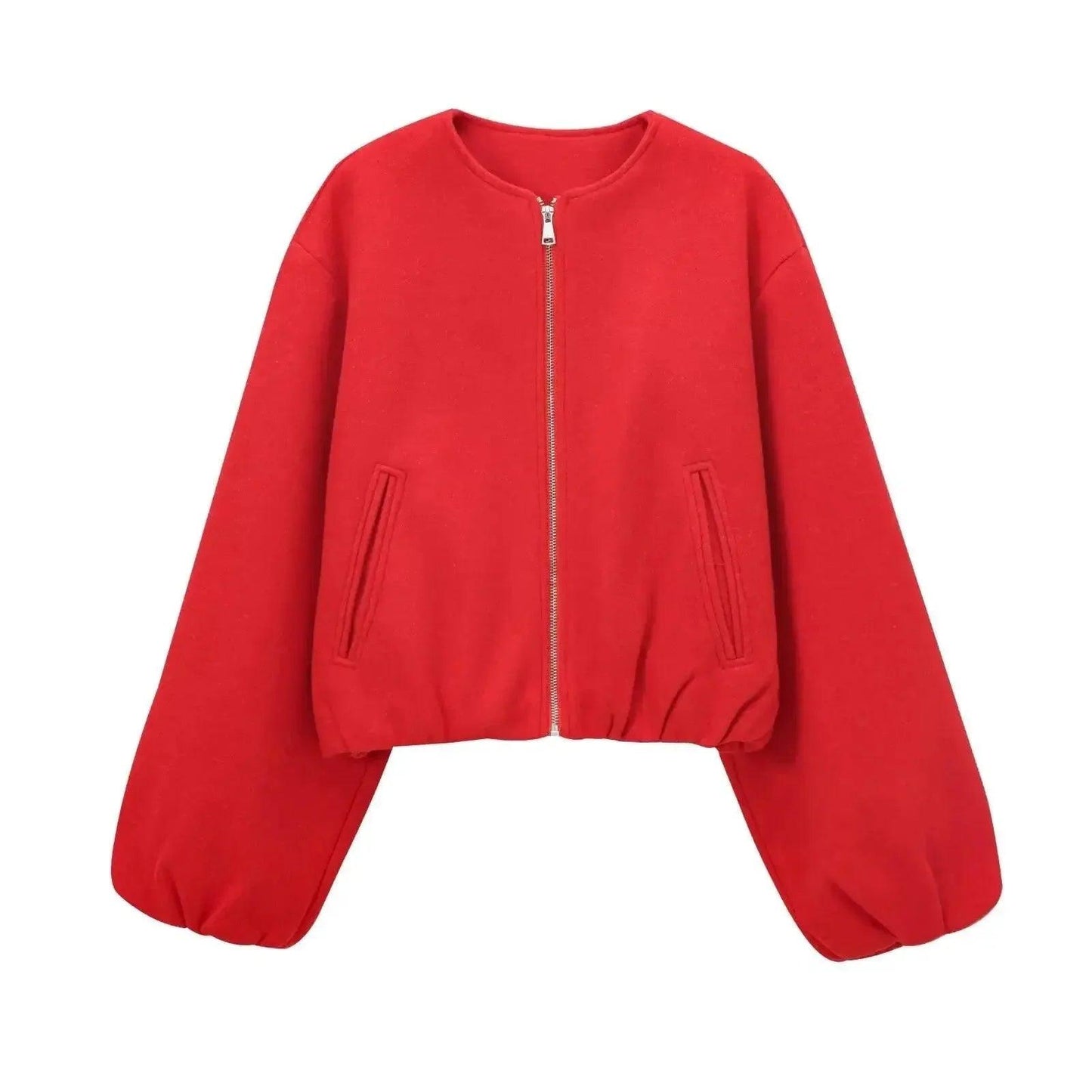 Red women's bomber jacket with zipper and side pockets, stylish fashion outerwear