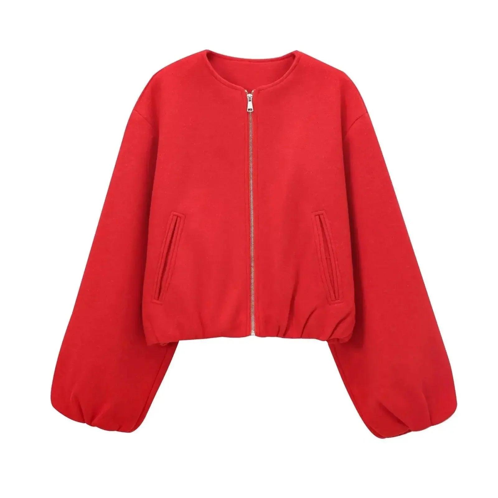 Red women's bomber jacket with zipper and side pockets, stylish fashion outerwear