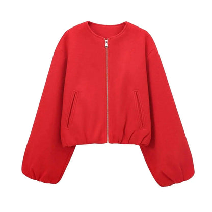 Red women's bomber jacket with zipper and side pockets, stylish fashion outerwear