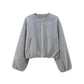 Gray cropped bomber jacket with puff sleeves and front pockets, women's fashion outerwear