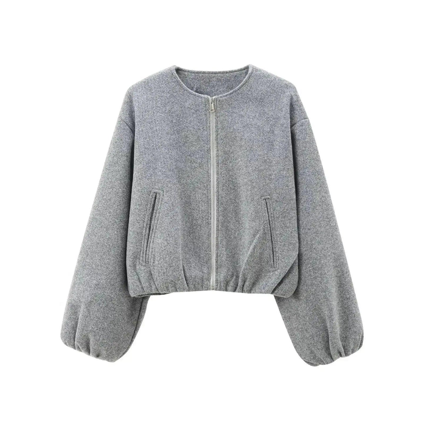 Gray cropped bomber jacket with puff sleeves and front pockets, women's fashion outerwear