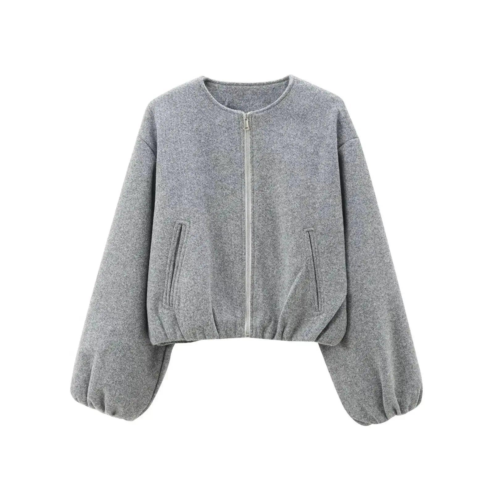 Gray cropped bomber jacket with puff sleeves and front pockets, women's fashion outerwear