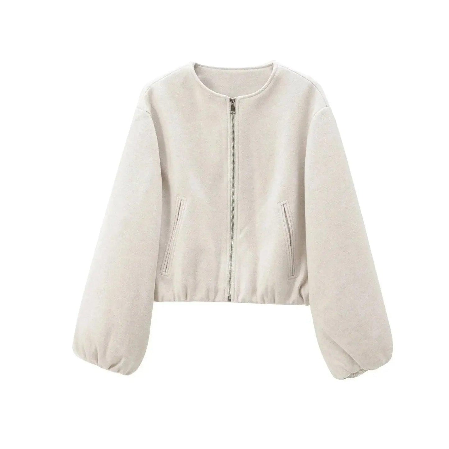 Cream women's bomber jacket with zipper front and puff sleeves, stylish fashion outerwear
