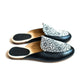 Black leather mules with white geometric pattern, women's fashion footwear