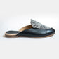 Black leather mule with geometric patterned toe, flat sole, women's fashion footwear