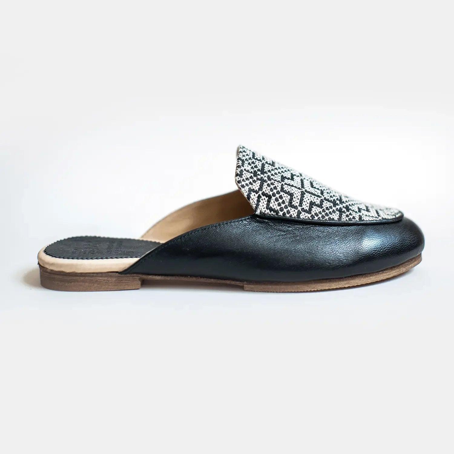 Black leather mule with geometric patterned toe, flat sole, women's fashion footwear