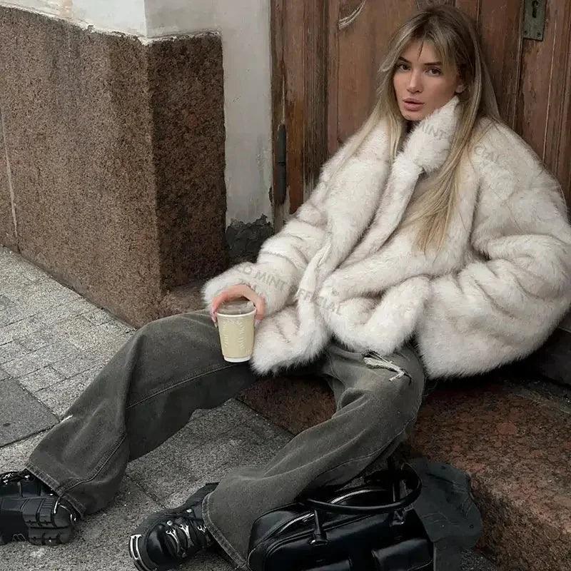 Woman in cozy white faux fur coat, olive jeans, and chunky boots holding coffee, urban street style fashion