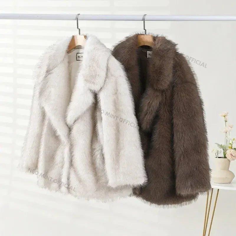 Women's fluffy faux fur coats in white and brown, stylish winter outerwear for fashion lovers