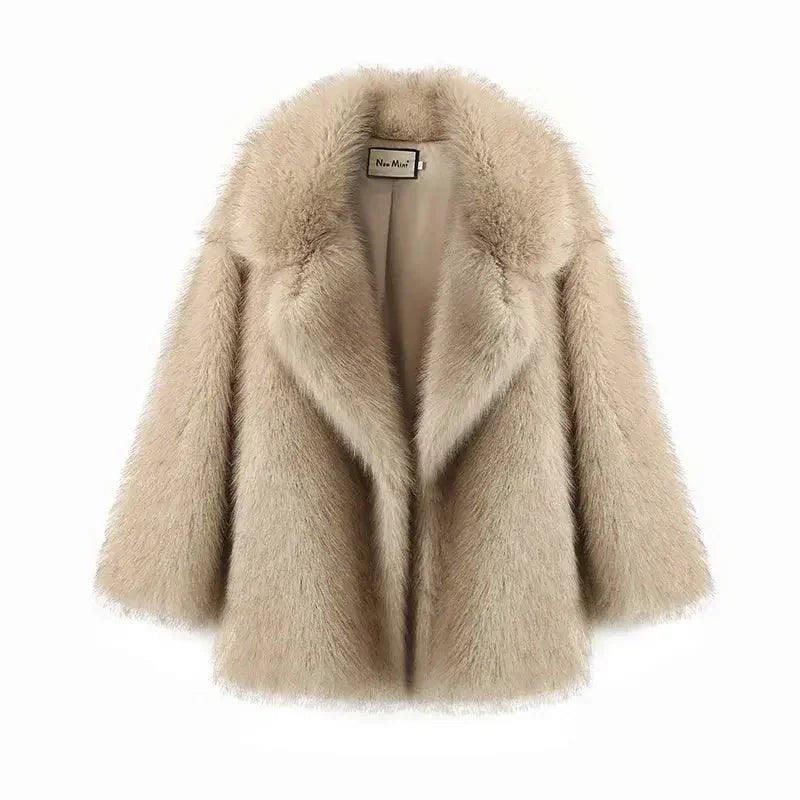 Luxury beige faux fur coat for women, stylish winter outerwear with plush texture and elegant collar