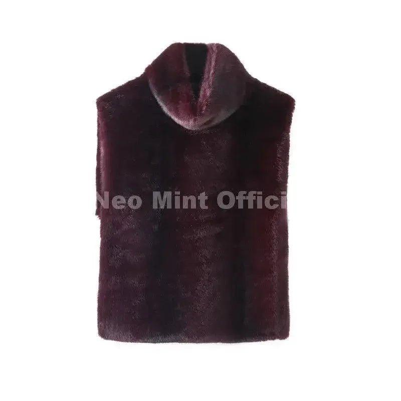 Luxury burgundy faux fur vest with high collar for women's fashion