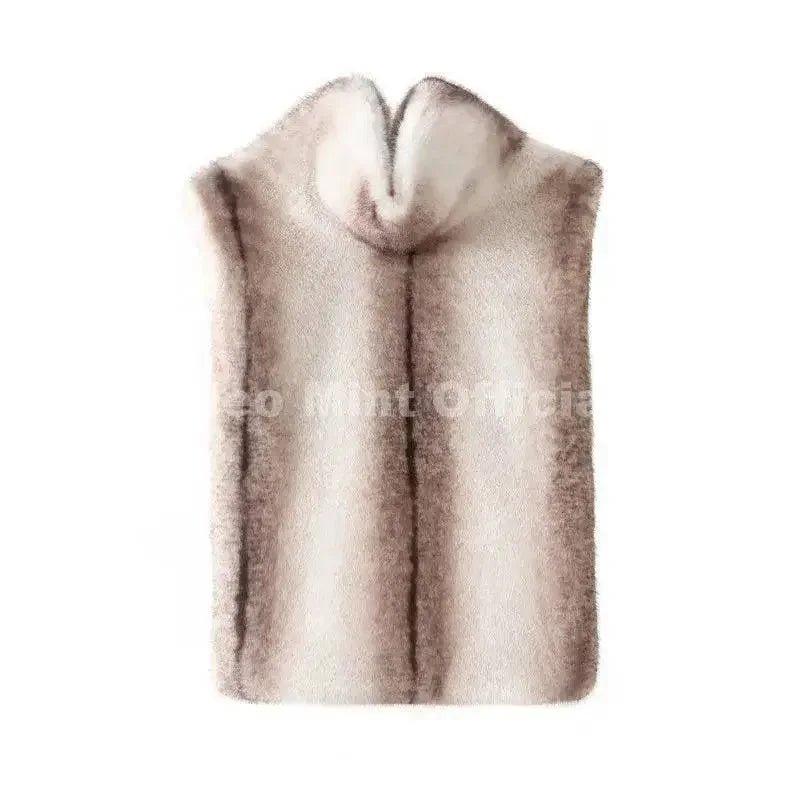 Luxury women's faux fur vest with high collar, soft beige and brown tones, perfect for winter fashion