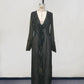 Black long sleeve ruffle maxi dress with deep V-neck, elegant women's fashion