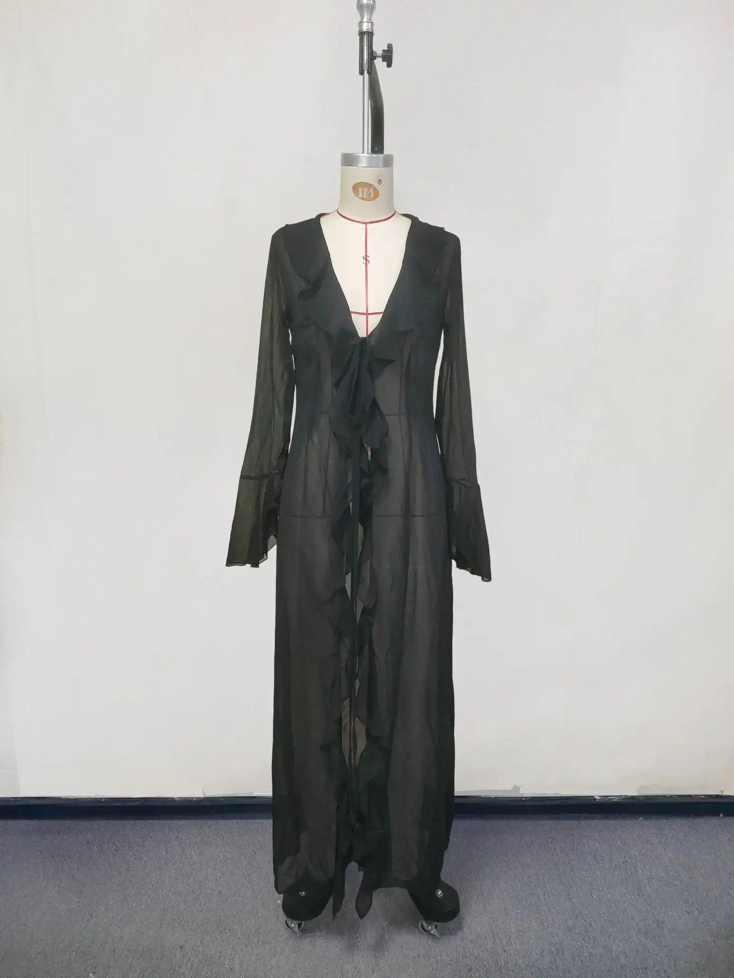 Black long sleeve ruffle maxi dress with deep V-neck, elegant women's fashion