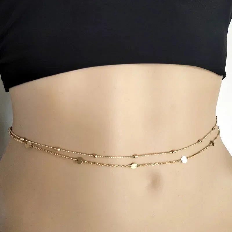 Gold double layer belly chain with delicate beads and charms, perfect for women's fashion and beachwear.