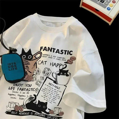 White graphic tee with cats, coffee, and motivational quotes for women's fashion