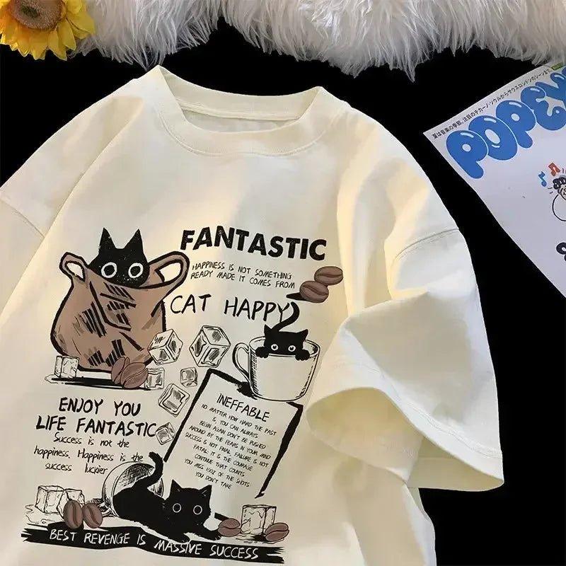 Cream cat graphic tee with 'Fantastic Cat Happy' print, cozy fashion top for women