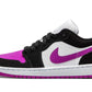 Women's black and white sneaker with vibrant purple accents and Nike swoosh, stylish fashion footwear