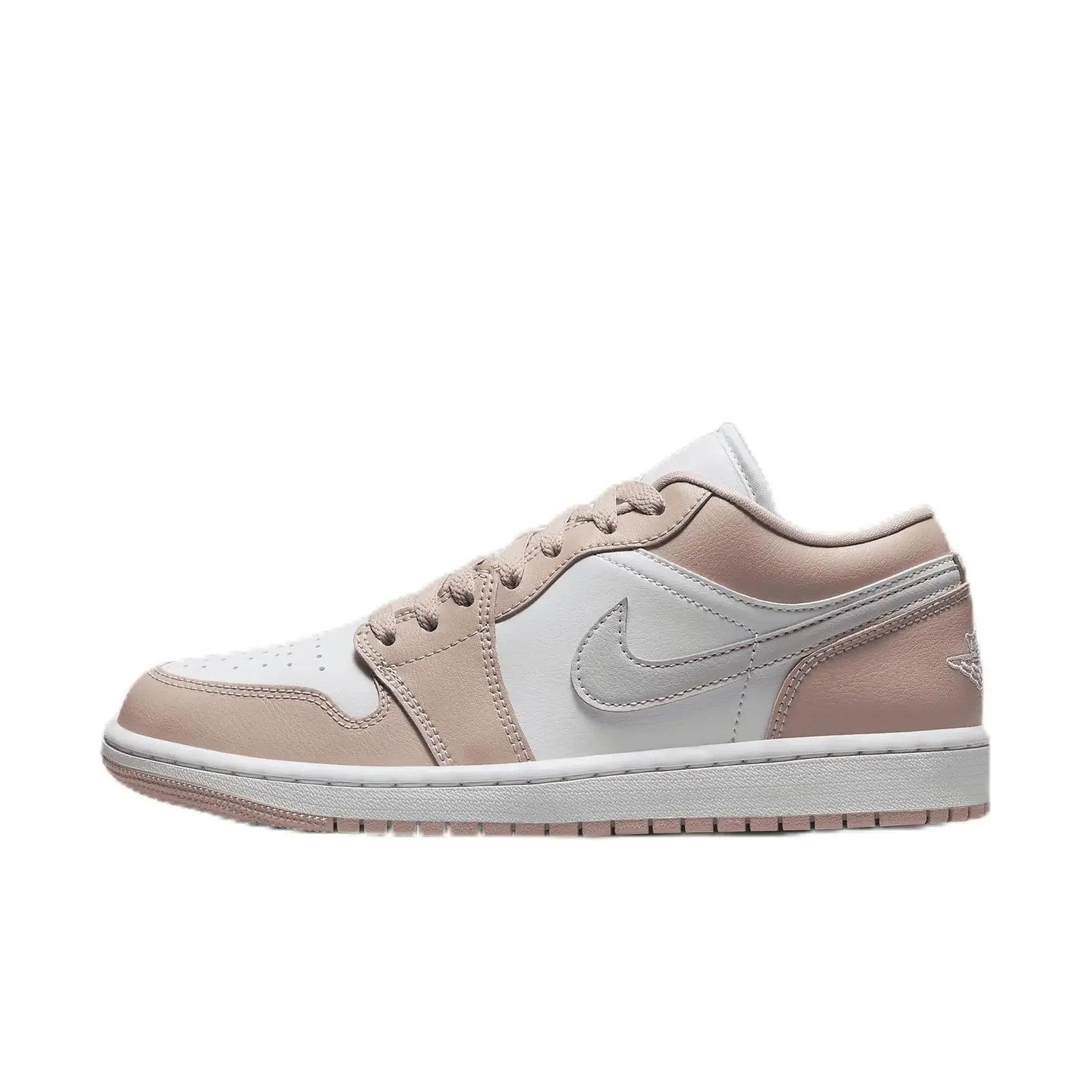Women's beige and white low-top sneaker with Nike swoosh, casual fashion footwear