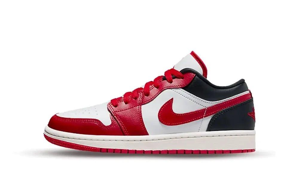 Red and white low-top sneaker with black accents, Nike swoosh, stylish women's fashion footwear
