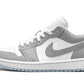 White and grey low-top sneaker with Nike swoosh, perfect for women's fashion and casual wear