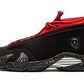 Black and red high-top sneaker with speckled sole and Jumpman logo, stylish women's fashion footwear