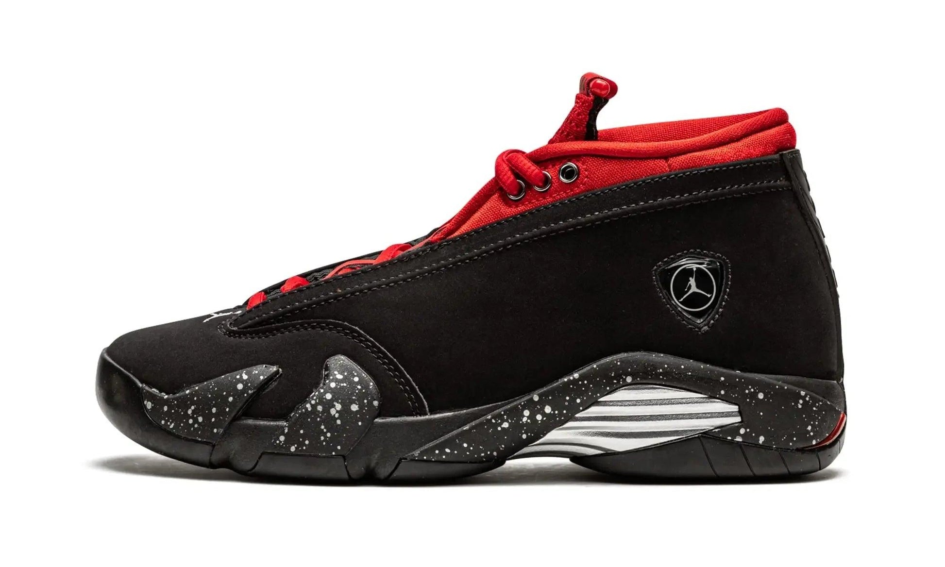 Black and red high-top sneaker with speckled sole and Jumpman logo, stylish women's fashion footwear