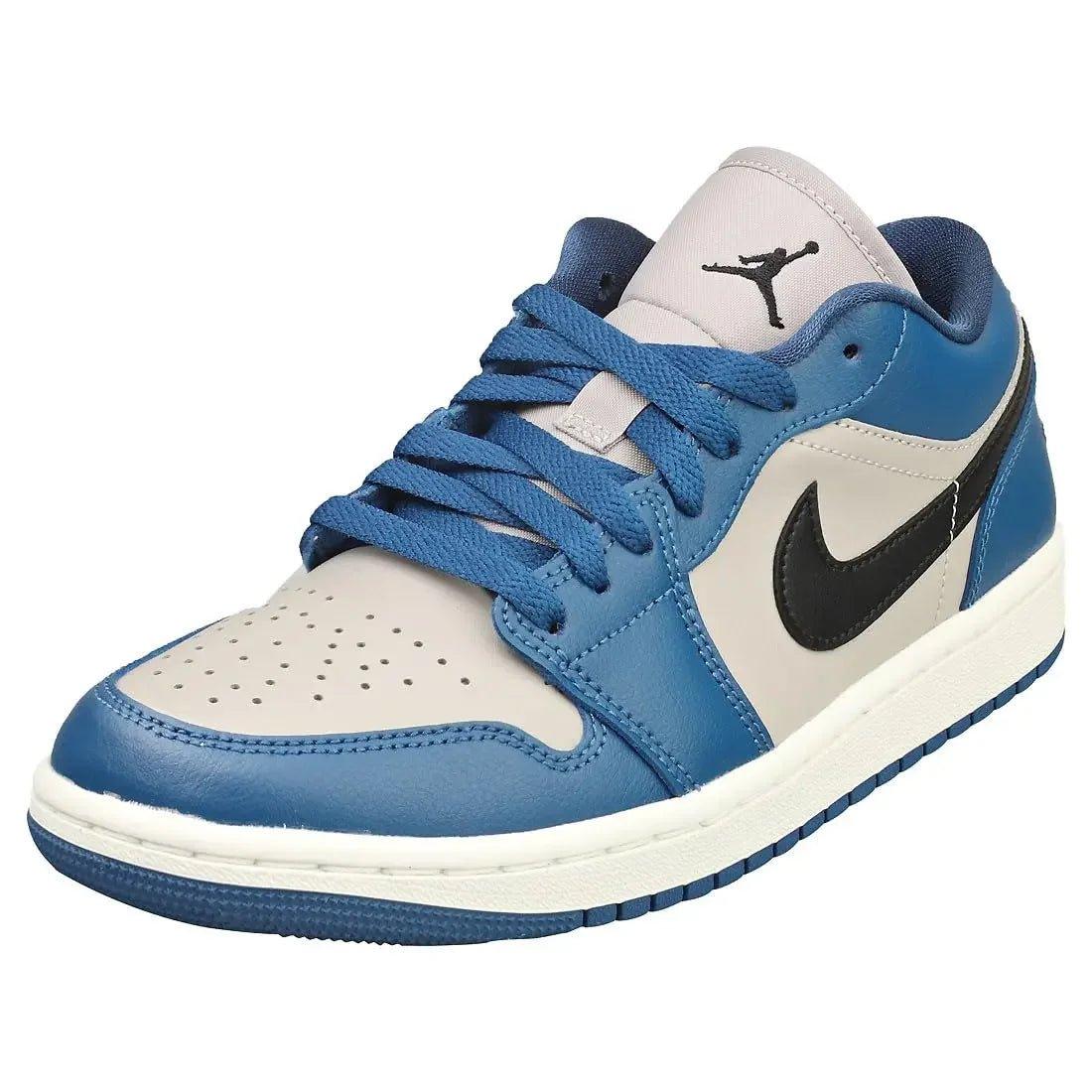 Blue and gray Air Jordan 1 low sneaker with black swoosh, women's fashion footwear