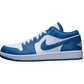 Blue and white low-top sneaker with Nike swoosh and wing logo, stylish women's fashion footwear