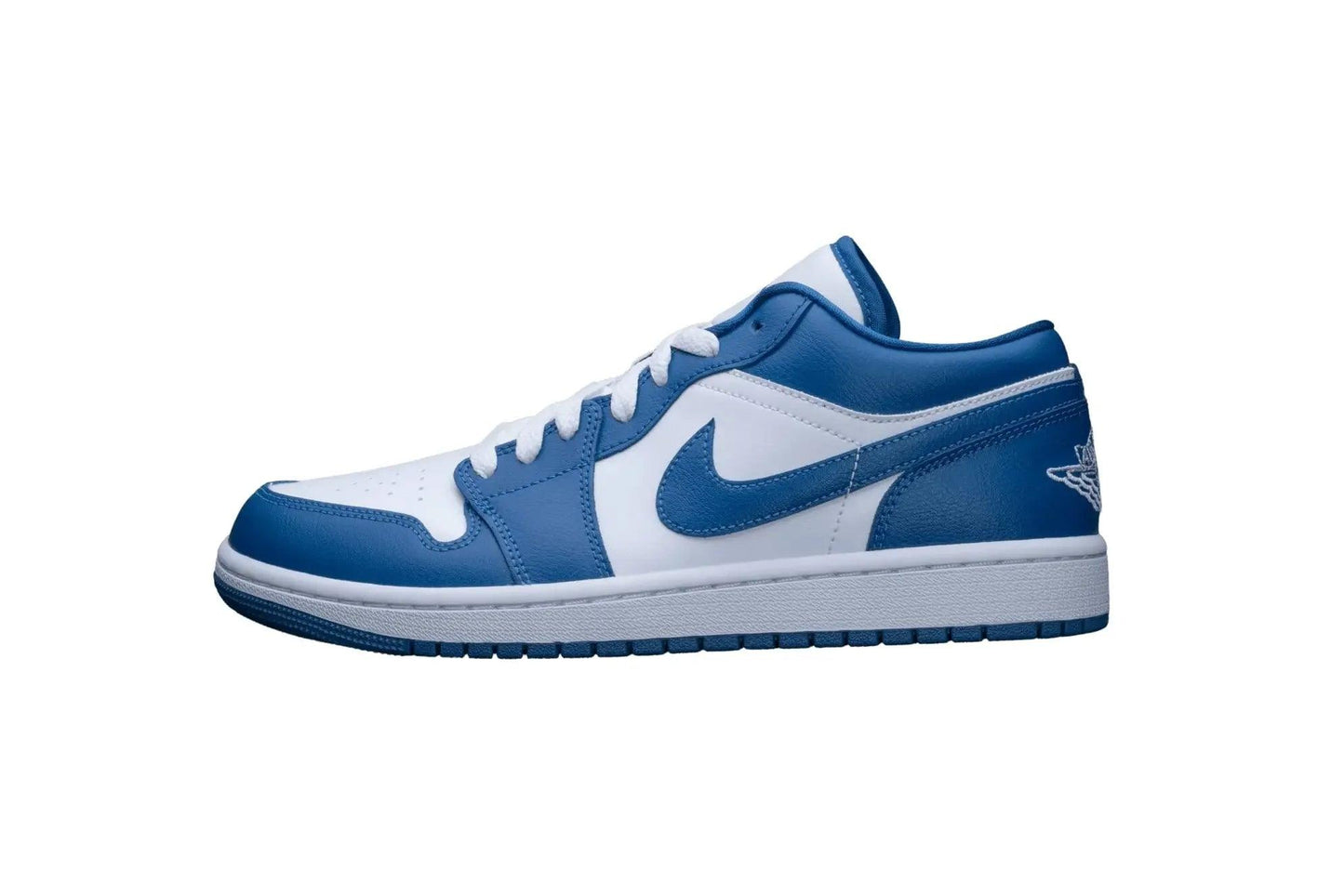 Blue and white low-top sneaker with Nike swoosh and wing logo, stylish women's fashion footwear