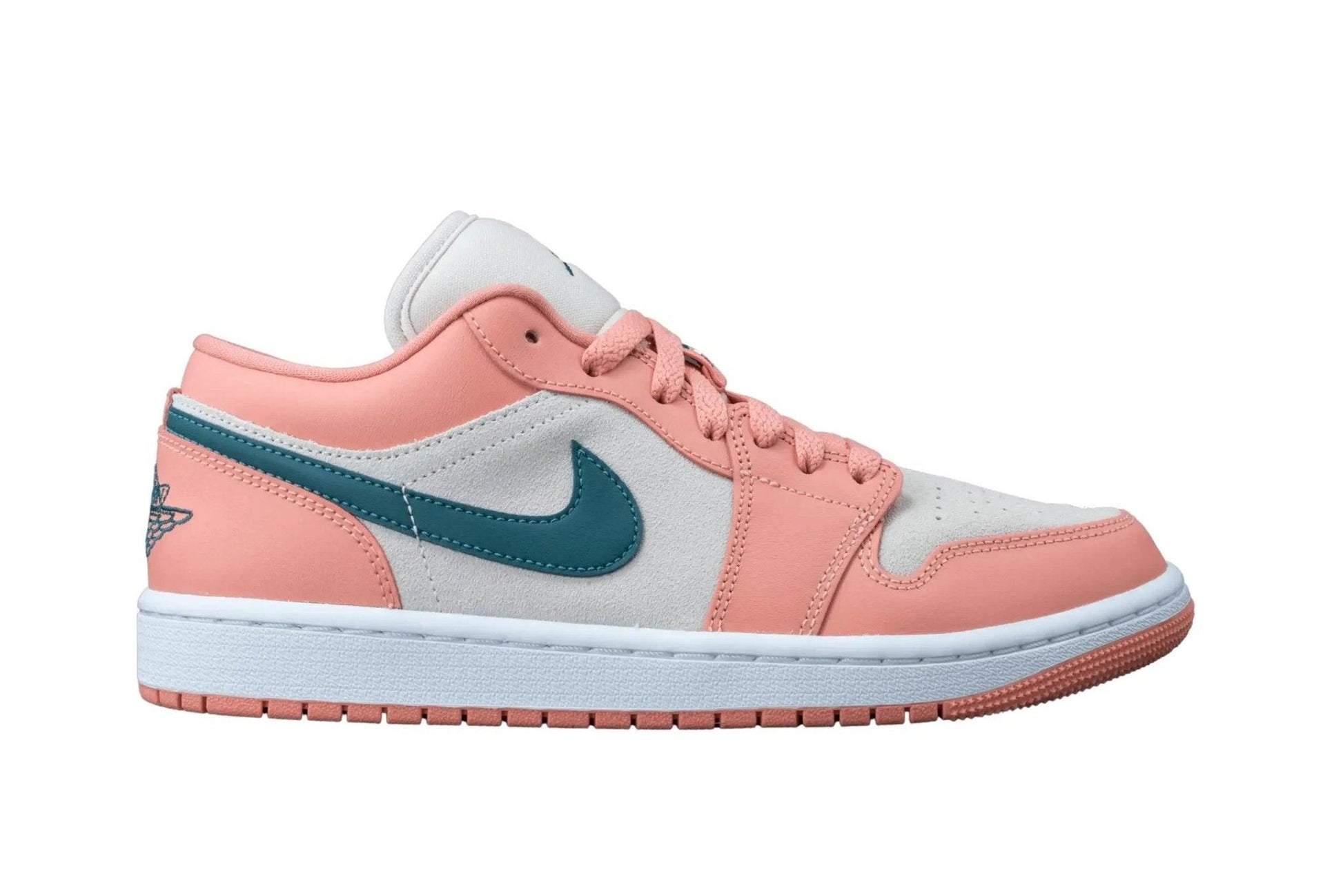Pink and teal women's low-top sneaker with white sole and Nike swoosh, stylish fashion footwear