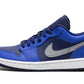 Blue and navy Nike Air Jordan 1 low sneaker with gray swoosh, white sole, fashion footwear