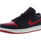 Black and red low-top sneaker with white sole and Nike swoosh, women's fashion footwear