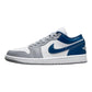 White and blue low-top sneaker with gray accents, Nike swoosh, and Air Jordan logo for women's fashion