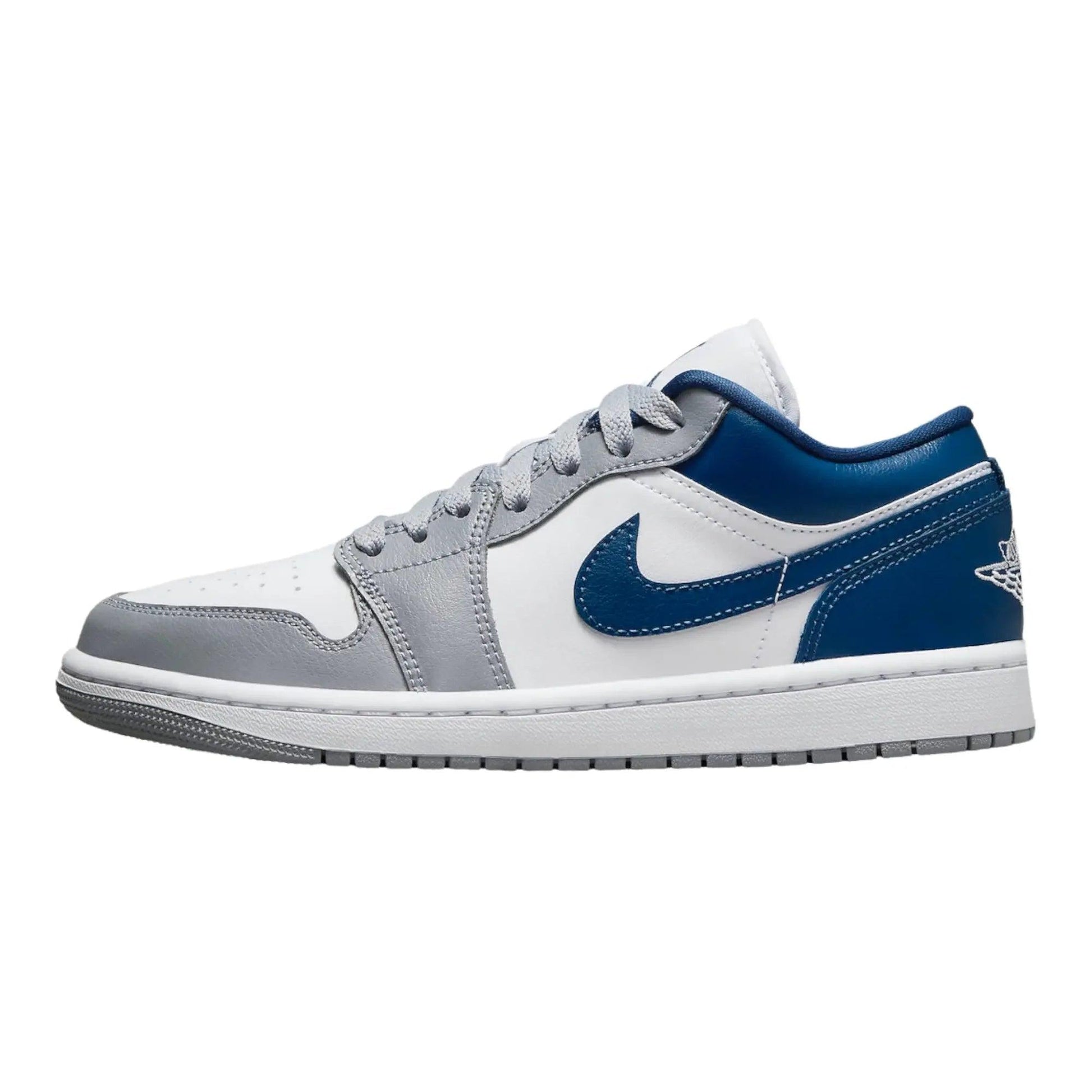 White and blue low-top sneaker with gray accents, Nike swoosh, and Air Jordan logo for women's fashion