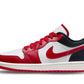 Red and white low-top sneaker with black accents, stylish women's fashion footwear