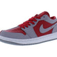 Red and gray Nike Air Jordan 1 low sneaker with white sole, women's fashion footwear