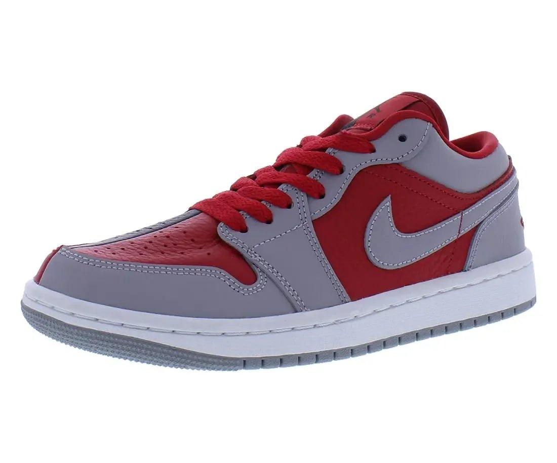 Red and gray Nike Air Jordan 1 low sneaker with white sole, women's fashion footwear