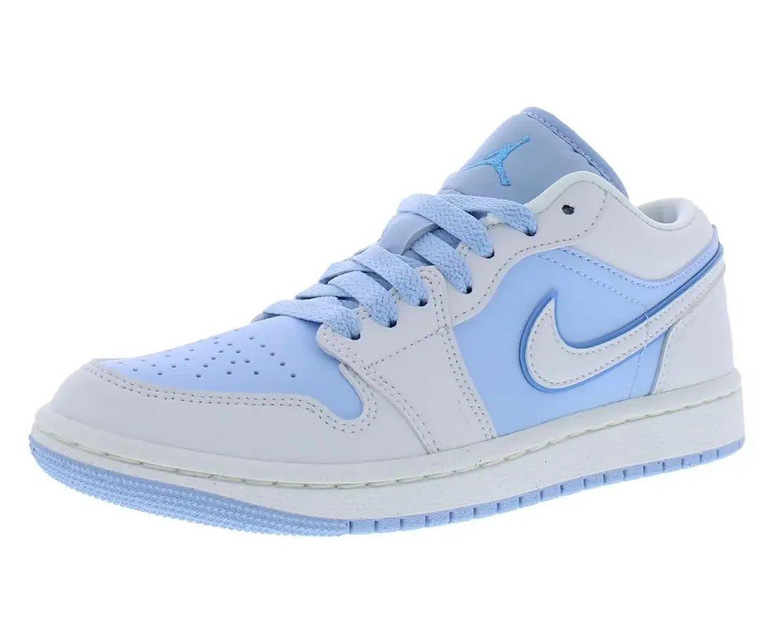 Light blue and white women's fashion sneaker with Nike swoosh and Jordan logo