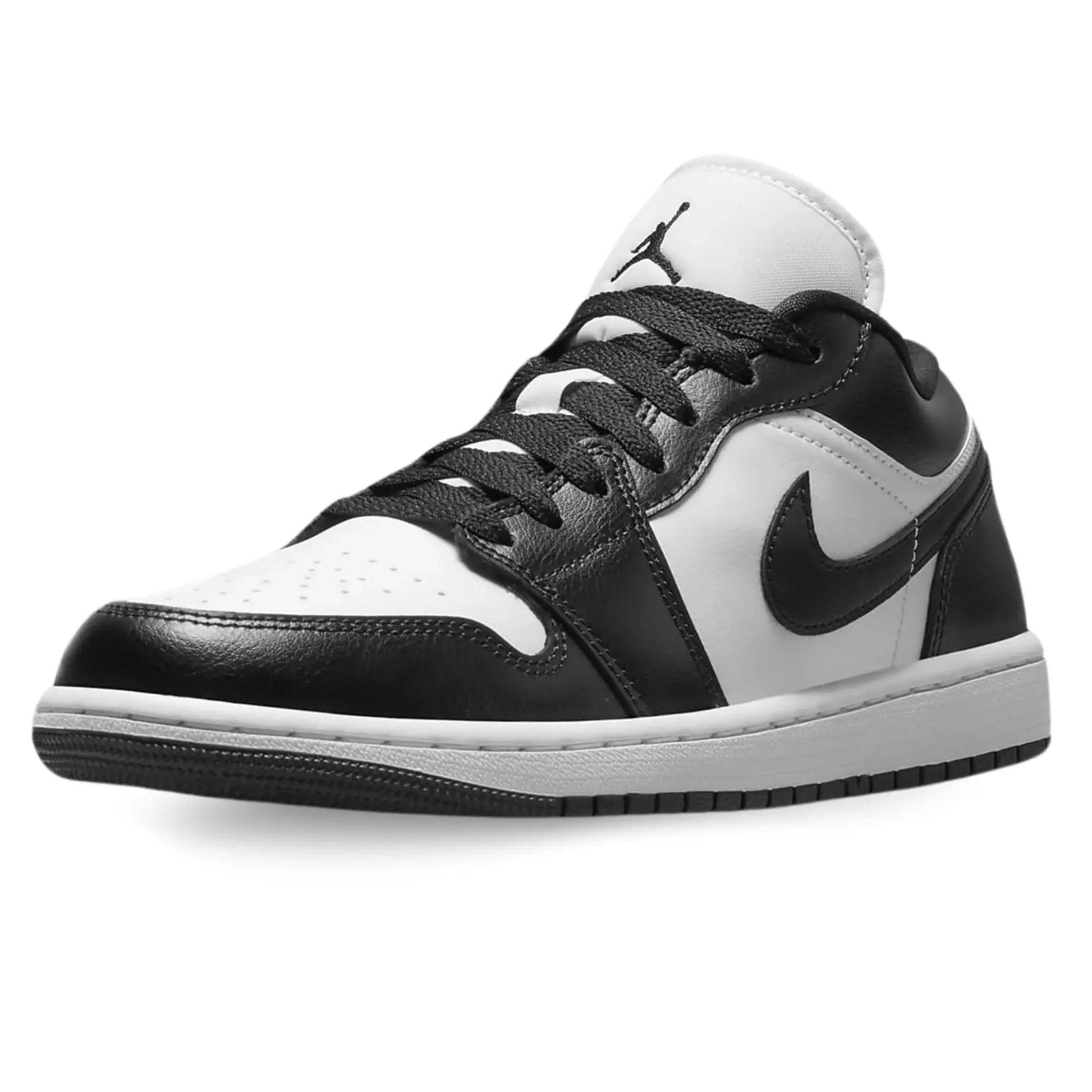Black and white Air Jordan 1 low sneaker with Nike swoosh, ideal for women's fashion and streetwear styles